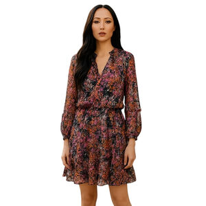 Vince Camuto Babydoll Dress Large Black Floral Tiered Mini Long Sleeve Boho Chic